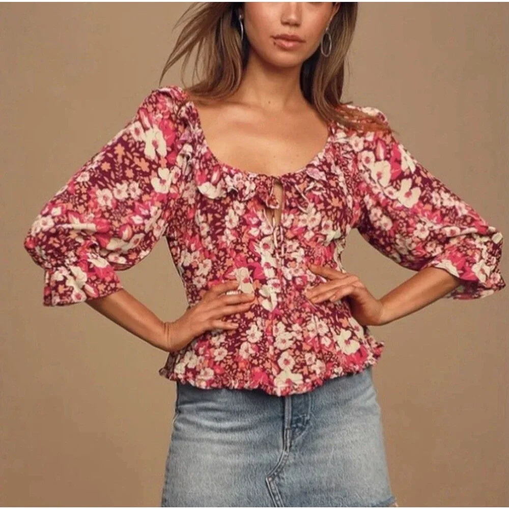 Free People Multicolor Floral Ruffle Puff 3/4 Sleeve Blouse Top Size Small Boho